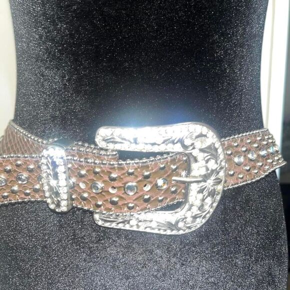 Women\'s Genuine Leather Snakeskin Rhinestone Western Belt SZ S/M